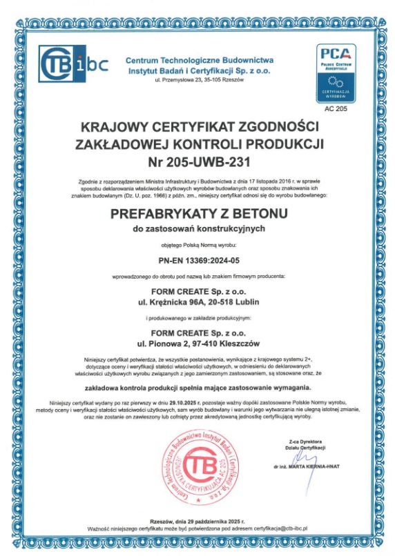 Certyfikat zgodności zakładowej kontroli produkcji z betonu